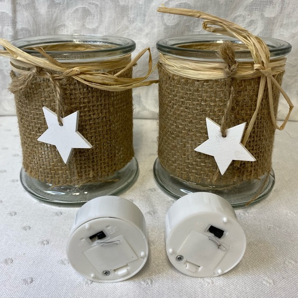 NWT Burlap & Glass Votive Candle Holders includes battery operated candle 4”x3” - Picture 2 of 5